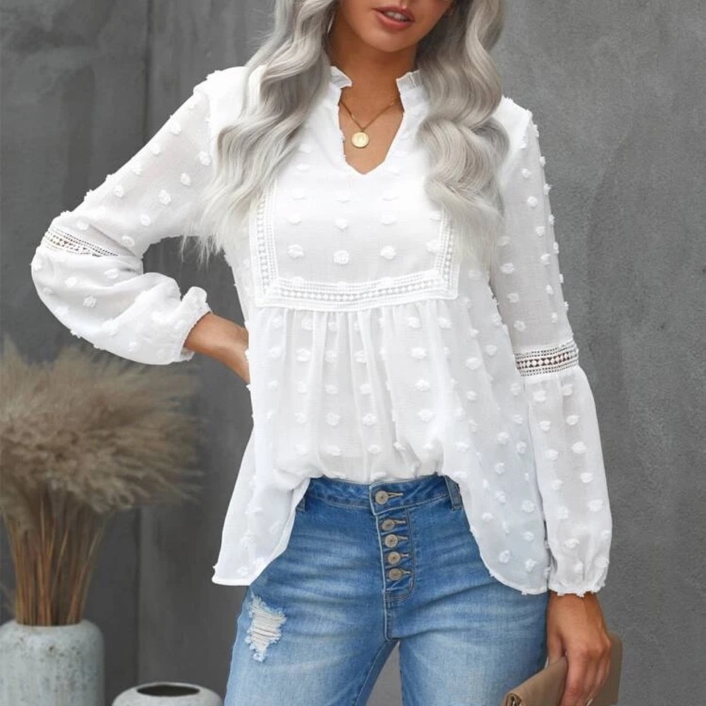Long sleeve swiss dot sheer chiffon blouse boho - Picture 3 of 8